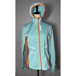 Brooks Jacket Women Large Blue Orange Equilibrium Tech Zip Up Long Sleeve Hood *